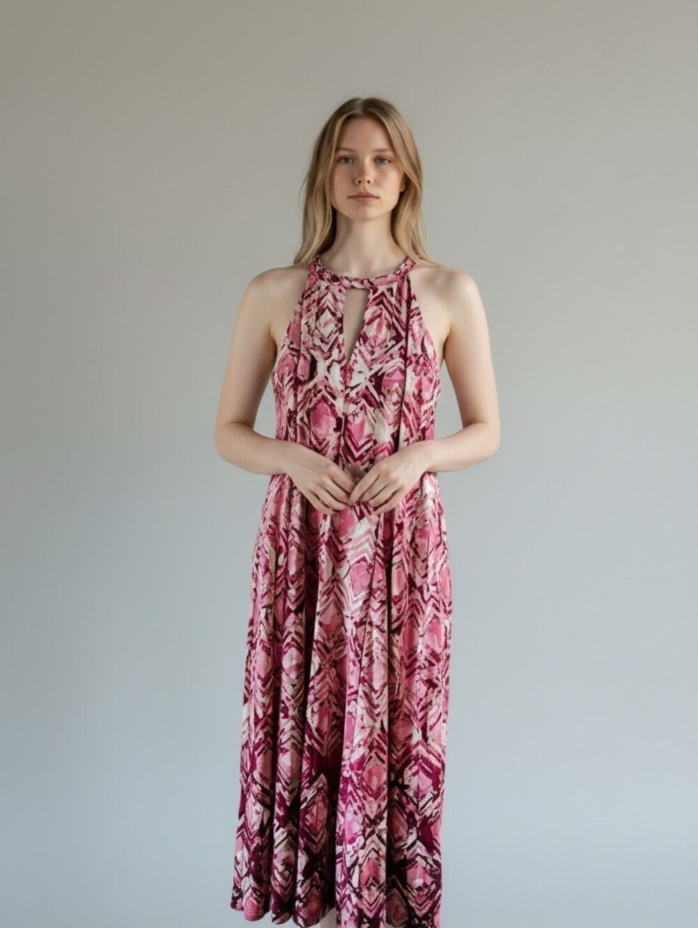 Pink Halter Maxi Dress with Abstract Print